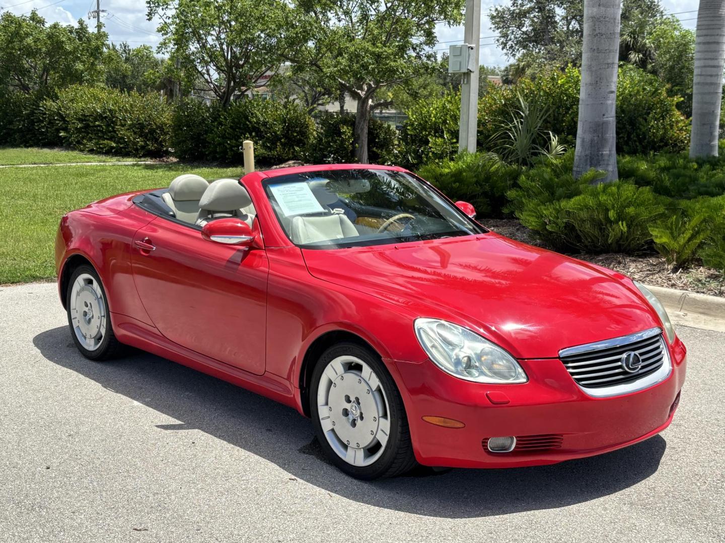 2002 RED /BEIGE Lexus SC 430 Convertible Hardtop Convertible (JTHFN48Y120) with an 4.3L V8 DOHC 32V engine, 5-Speed Automatic Overdrive transmission, located at 11170 Summerlin Square Dr., Fort Myers Beach, FL, 33931, (239) 999-7777, 26.493546, -81.941628 - 4 New Tires We have financing available and we accept trades! Fill out a credit application on our website or come by today! If you have any questions, give us a call at (239) 999 - 7777 or visit our website at firstautocredit.com. 11170 Summerlin Square Dr, Fort Myers Beach, FL 33931 Ca - Photo#2