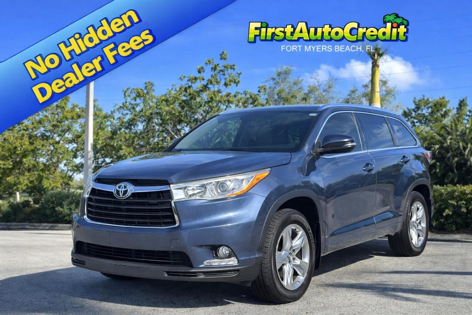 2016 BLUE /TAN Toyota Highlander Limited AWD V6 (5TDDKRFHXGS) with an 3.5L V6 DOHC 24V engine, 6A transmission, located at 11170 Summerlin Square Dr., Fort Myers Beach, FL, 33931, (239) 999-7777, 26.493546, -81.941628 - Carfax No Damage No Accidents 1 Owner 3rd Row Blind Spot Monitoring AWD New Tires Back Up Camera Bluetooth Navigation Lane Detection Warning - Photo#0