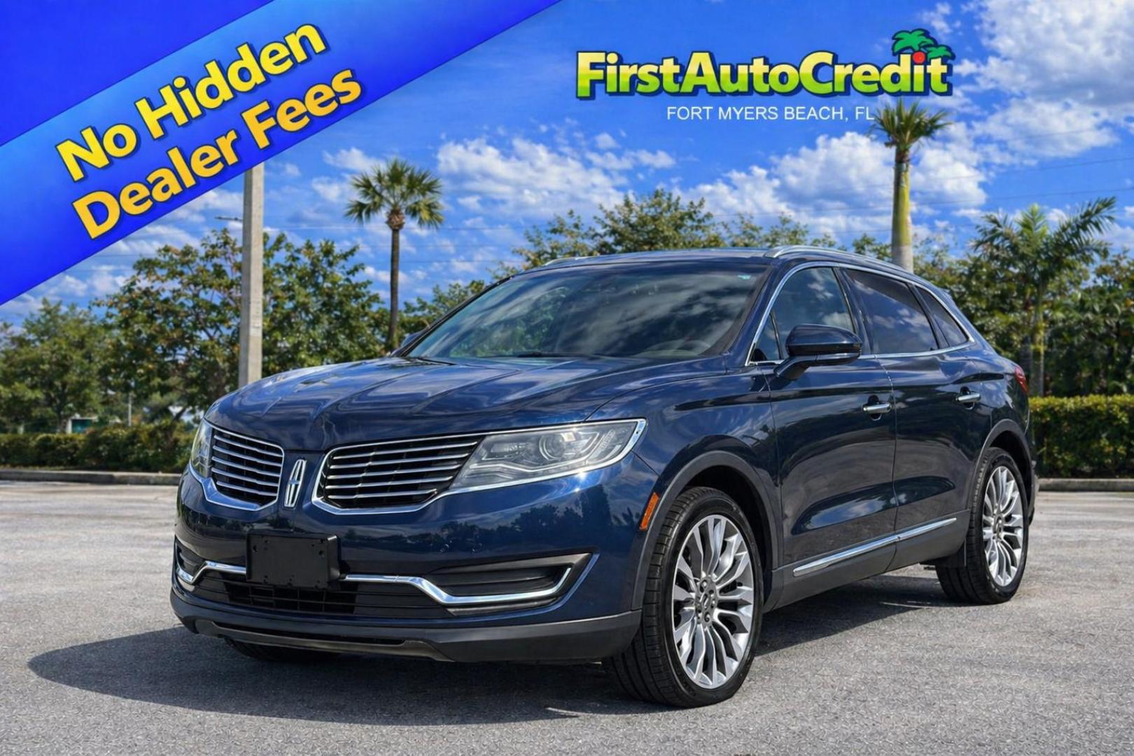 2017 BLUE /BROWN Lincoln MKX Reserve AWD (2LMPJ8LP2HB) with an 2.7L V6 DOHC 24V engine, 6A transmission, located at 11170 Summerlin Square Dr., Fort Myers Beach, FL, 33931, (239) 999-7777, 26.493546, -81.941628 - Carfax 2 Owner Sale Price $12,900 Carfax Value $14,810 - Photo#0