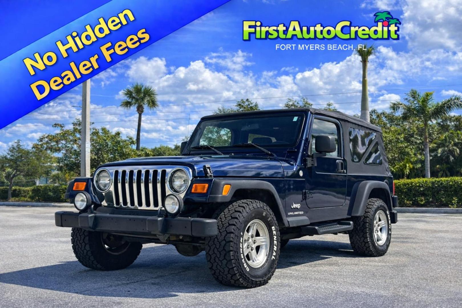 2005 BLUE /GRAY CLOTH Jeep Wrangler Unlimited (1J4FA44S75P) with an 4.0L L6 OHV 12V engine, located at 11170 Summerlin Square Dr., Fort Myers Beach, FL, 33931, (239) 999-7777, 26.493546, -81.941628 - 4.0L 4WD Long Wheel Base RARE MODEL - Photo#0