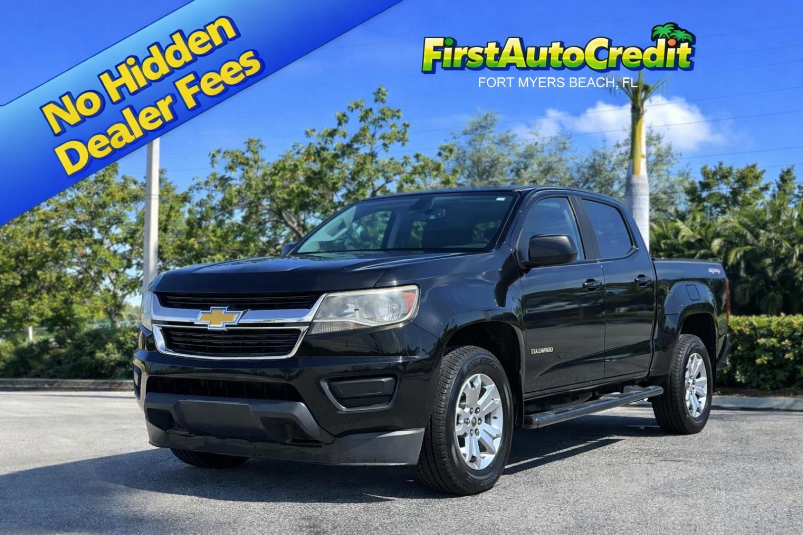 2018 BLACK /BLACK Chevrolet Colorado LT Crew Cab 4WD Long Box (1GCGTCEN7J1) with an 3.6L V6 DOHC 24V GAS engine, 6A transmission, located at 11170 Summerlin Square Dr., Fort Myers Beach, FL, 33931, (239) 999-7777, 26.493546, -81.941628 - Carfax 1 Owner - Photo#0