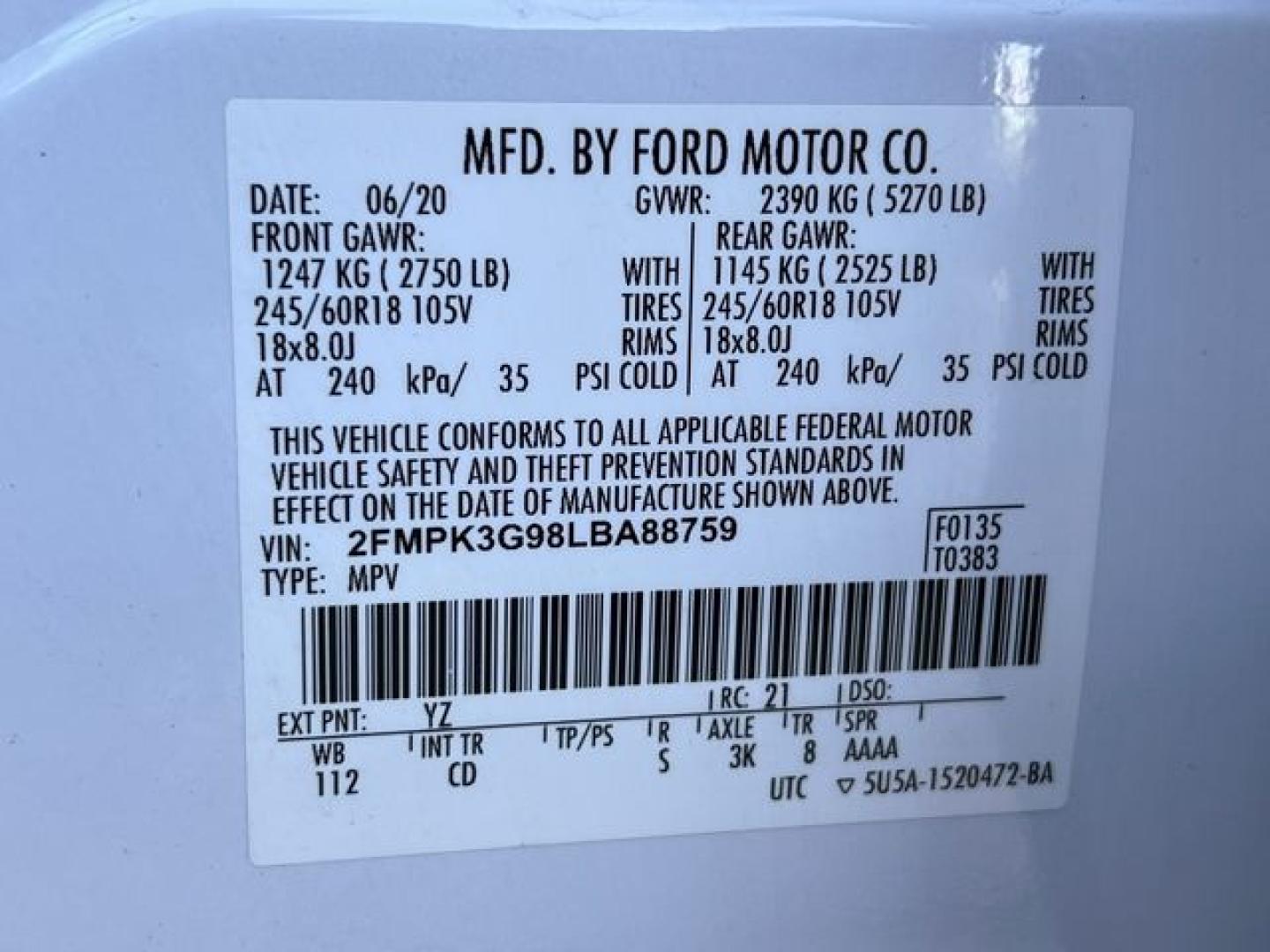 2020 WHITE /Tan Cloth FORD EDGE SE (2FMPK3G98LB) with an 2.0L engine, Automatic transmission, located at 11170 Summerlin Square Dr., Fort Myers Beach, FL, 33931, (239) 999-7777, 26.493546, -81.941628 - 1 Owner No Damage No Accident Carfax - Photo#33